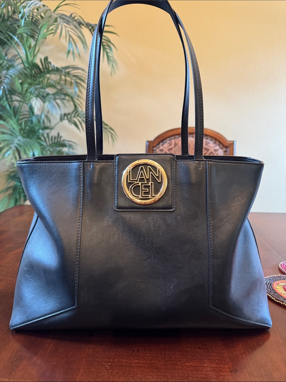 Lancel Black Leather Tote with Gold Logo Medallion